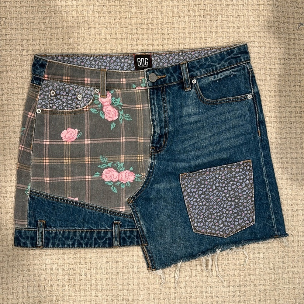 BDG Floral Denim Patchwork Asymmetrical Bohemian Mini Skirt Size LARGE